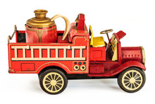 Vintage Tin Fire Truck Toy Isolated On White