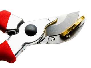 Sharp pruning shears cutting coin