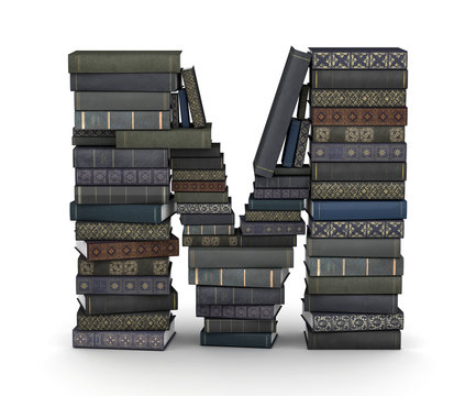 Letter M, stack of books