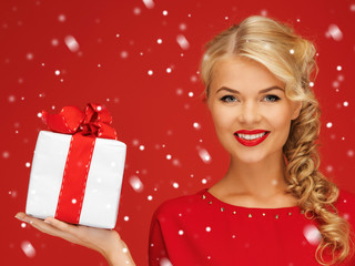 Poster - lovely woman in red dress with present