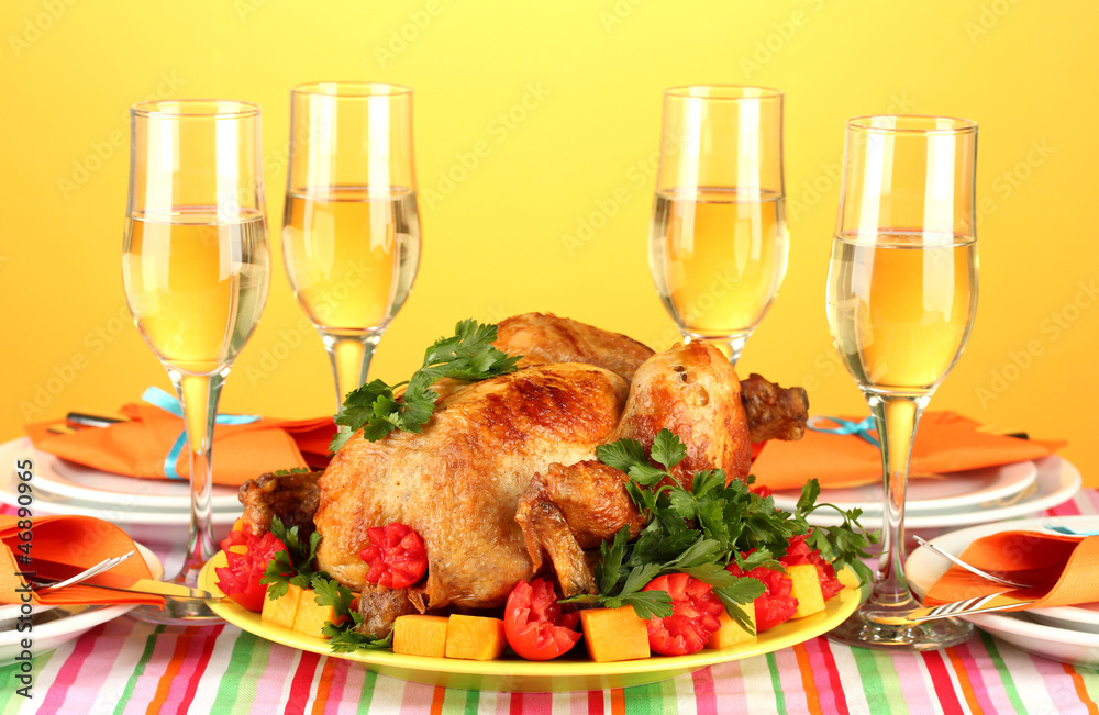 banquet table with roast chicken