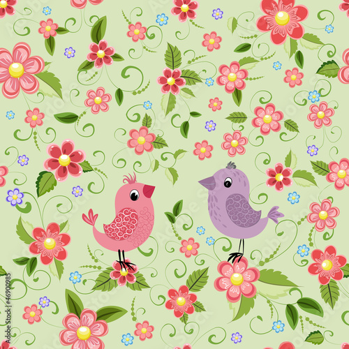 Texture seamless bird and flowers