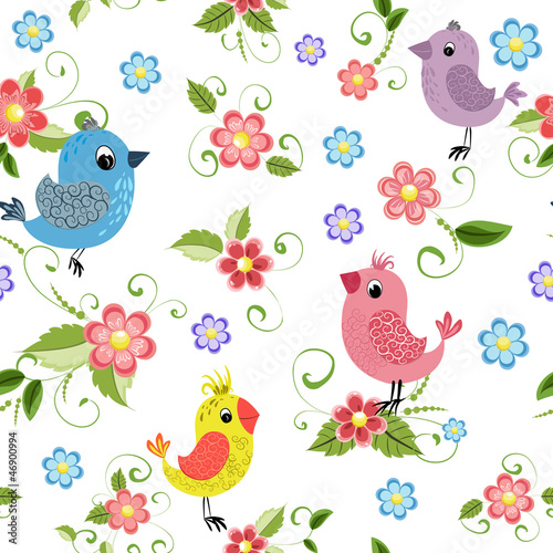 Obraz w ramie Texture seamless bird and flowers