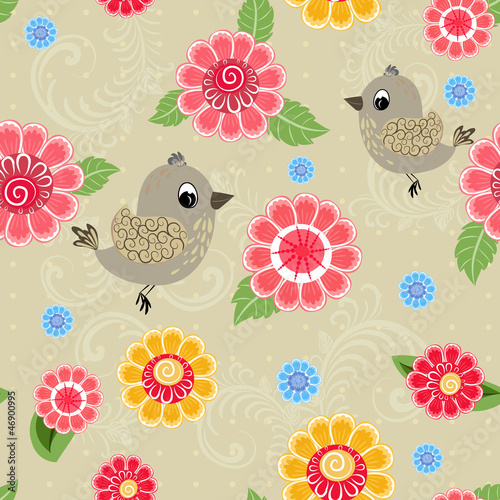 Texture seamless bird and flowers