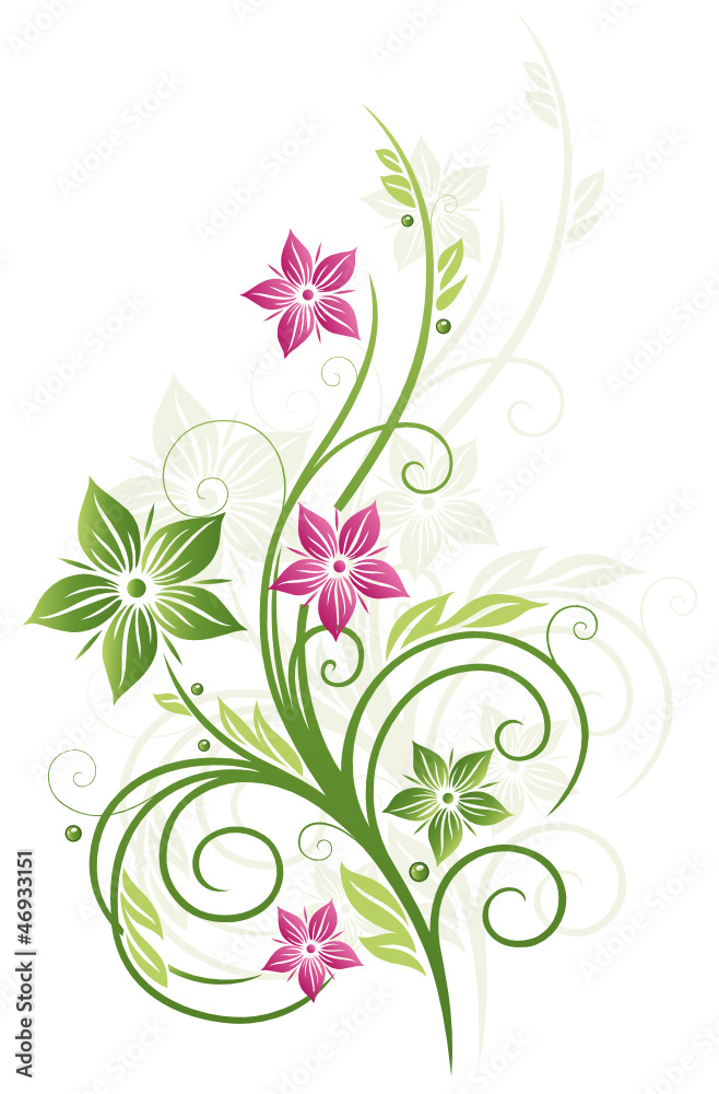 Image vectorielle Stock Frühling, frame, Blätter, Blumen, Ranke, grün, pink