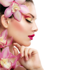 Poster - beauty portrait. beautiful stylish girl with orchid flower