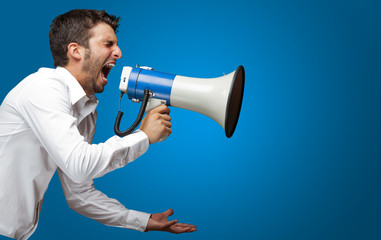 Wall Mural - Portrait Of A Man Yelling Into A Megaphone