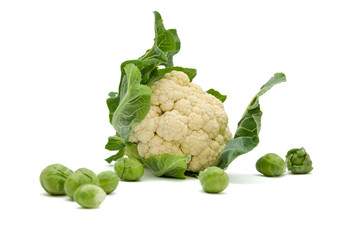 Wall Mural - Isolated fresh Cauliflower cabbage with green leaves