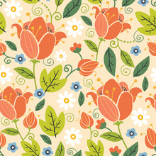 Vector Colorful Spring Tulips Seamless Pattern With Hand Drawn