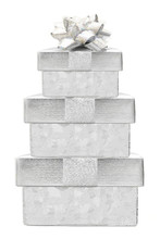 Stacked Silver Christmas Gift Boxes With Bow Isolated On White