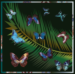 Sticker - tropical butterfly on dark background with plant