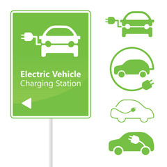 Electric Vehicle Charging Station road sign with set of icons