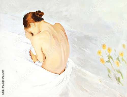 Obraz w ramie sad crying girl in beds, painting, illustration