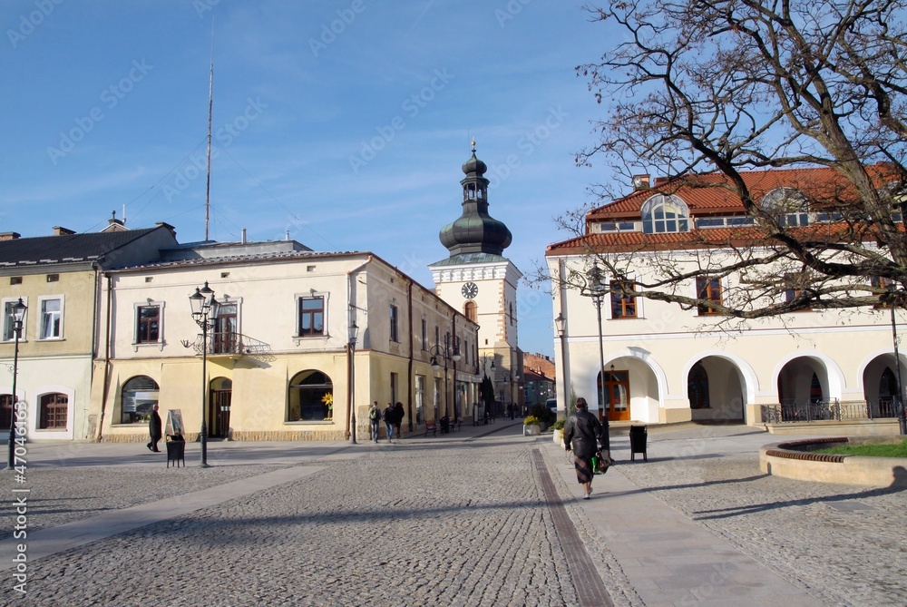 ancient market square and belfry of church in Krosno - obrazy, fototapety, plakaty 