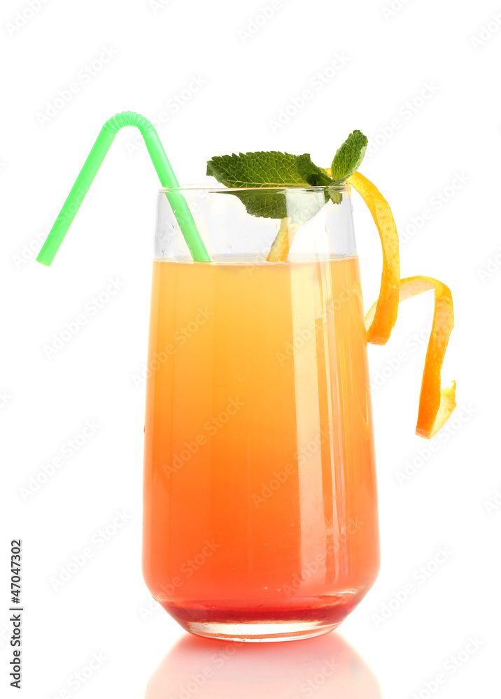 Glass of multicolor cocktail isolated on white