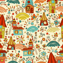 Sweet Cartoon Homes Seamless Pattern