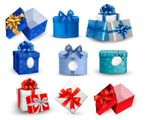 Poster - Set of colorful gift boxes with bows and ribbons. Vector illustr