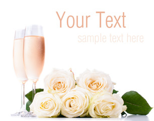 Wall Mural - champagne and a bouquet of roses, ready template