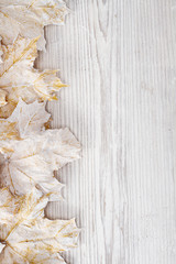white leaves over wooden grunge background. autumn maple