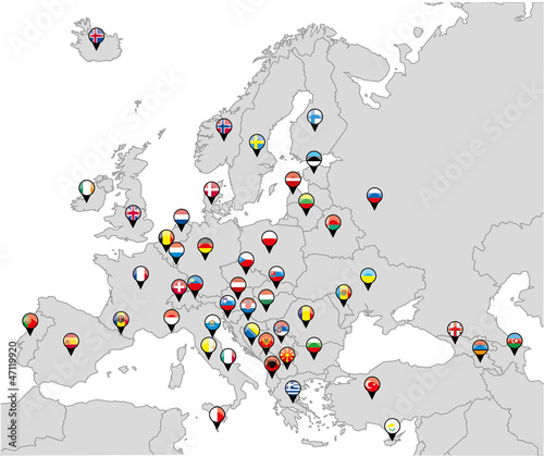 Fototapeta na wymiar Pinned countries flags on map of Europe