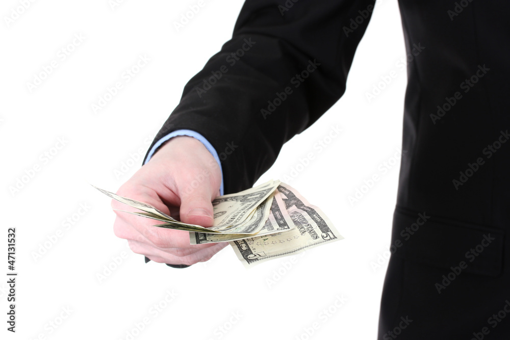 business man hand holding money isolated on white