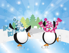 Penguins Pair Ice Skating In Winter Scene Illustration