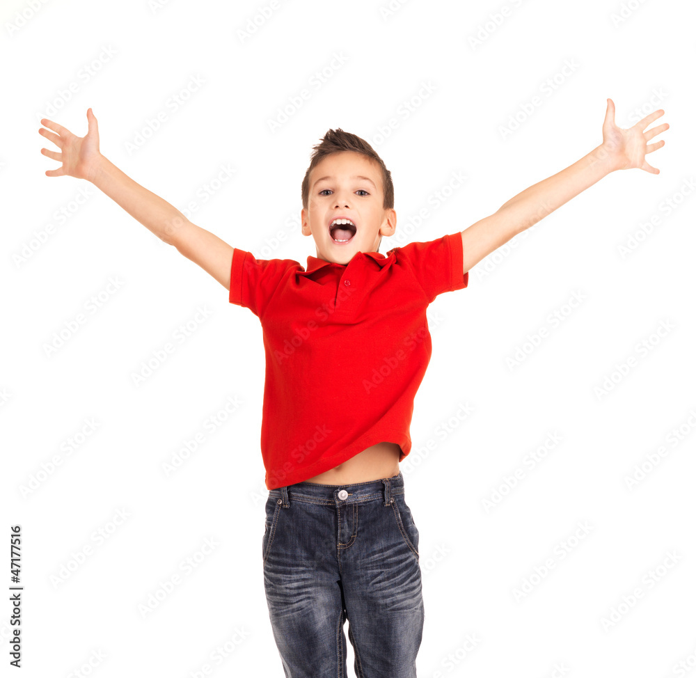 Happy boy jumping with raised hands up Stock Photo | Adobe Stock