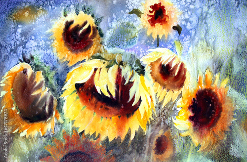 Naklejka na drzwi Watercolor painting of beautiful sunflowers.