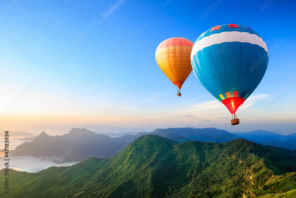 Colorful hot-air balloons flying over the mountain - obrazy, fototapety, plakaty 