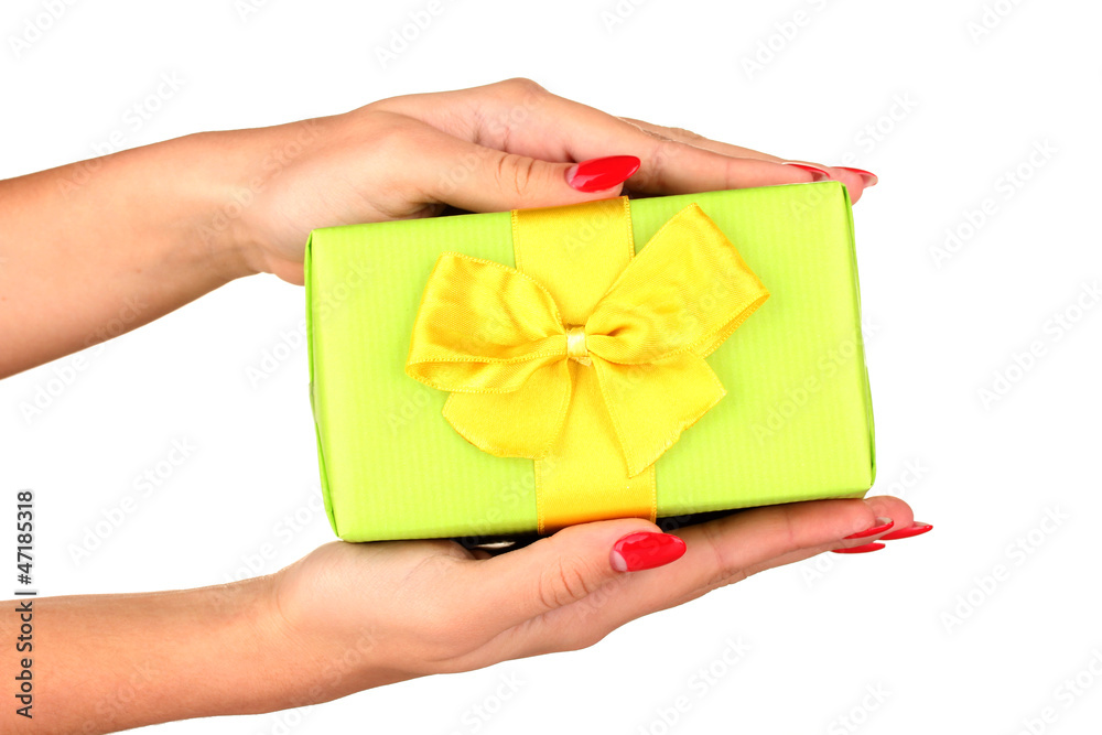 woman holds  box with gift on white background close-up