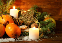 Christmas Composition With Oranges And Fir Tree,