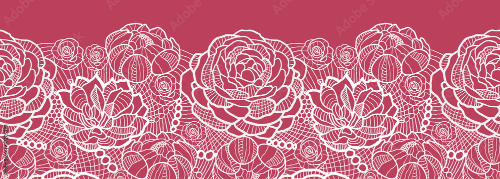 Vector red lace flowers elegant horizontal seamless pattern - obrazy, fototapety, plakaty 