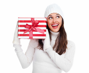 Wall Mural - Beautiful christmas girl with a gift.