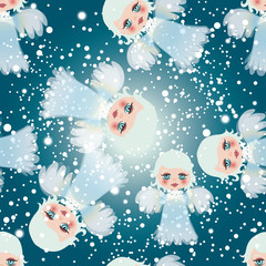  Adorable little angels on the sky / Snow seamless background