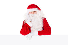 Santa Claus Leaning On Blank Board Isolated On White Background