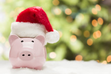 Pink Piggy Bank With Santa Hat On Snowflakes