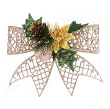 Christmas Glitter Bow  With Pine Cone And Holly Berry Leaves