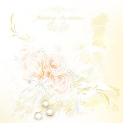 Fototapete - Elegant wedding  invitation card with roses and pears