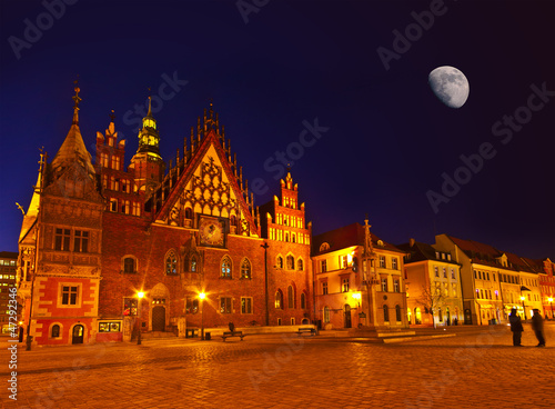 Obraz w ramie Market square and Town Hall at night. Wroclaw, Poland