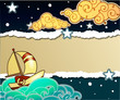Cartoon stile ship sailing in the night design template