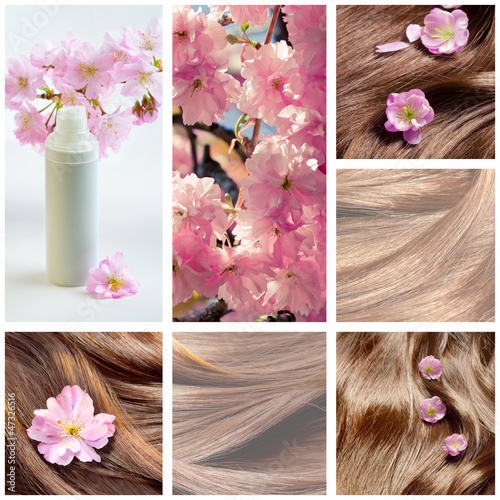 Collage of hair care and hair beauty images with sakura flowers Fototapet