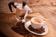 Cup of hot espresso coffee with italian moka