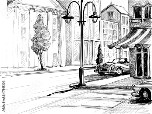 Naklejka - mata magnetyczna na lodówkę Retro city sketch, street, buildings and old cars vector illustr