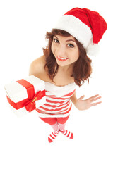 Wall Mural - Happy santa woman with gift boxes