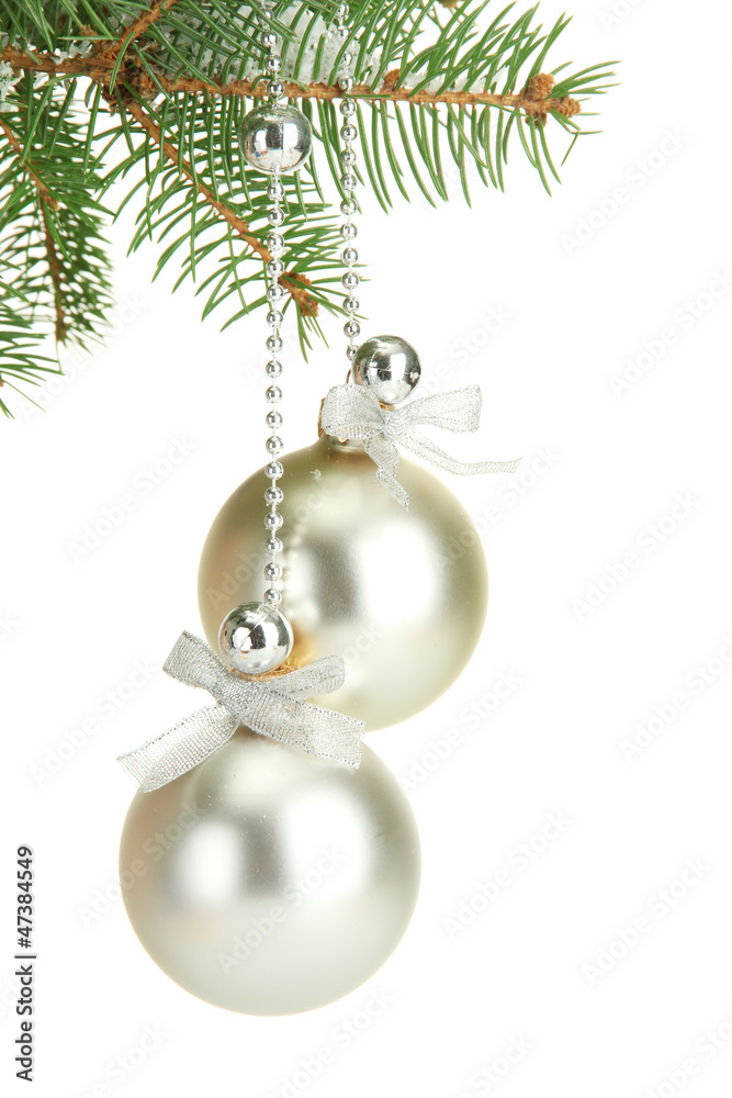 Christmas balls on fir tree, isolated on white
