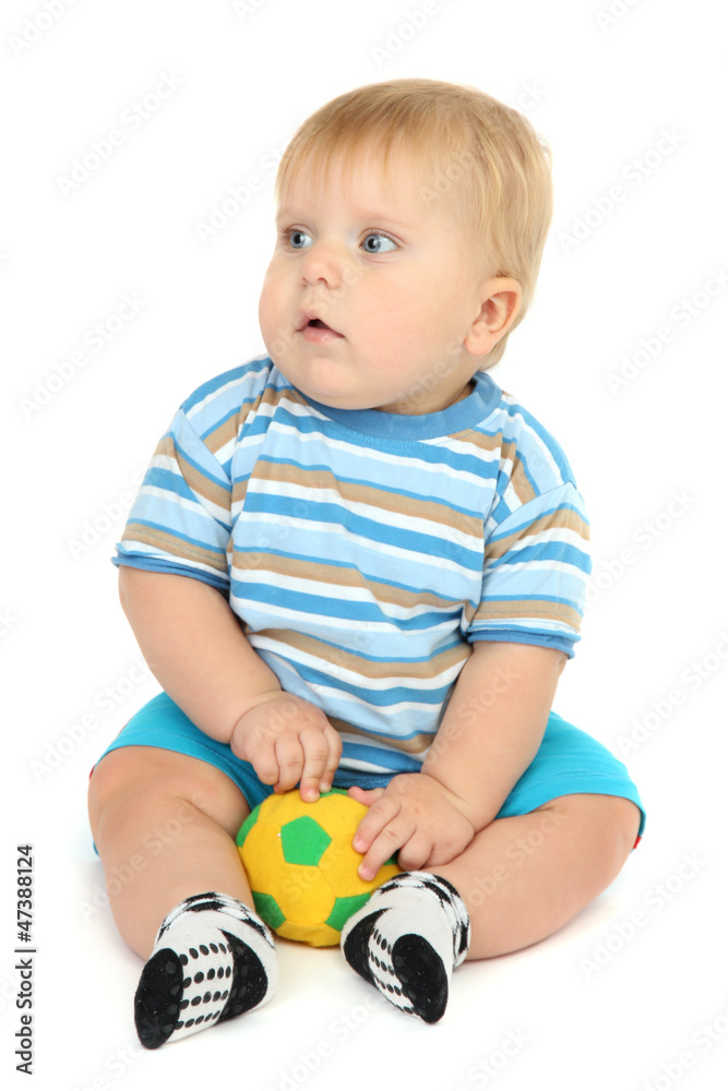 Little boy playing with soccer-ball, isolated on white.