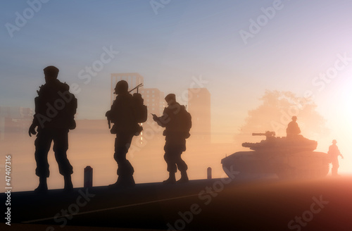 Naklejka na szafę Silhouettes of the military in the sunlight.