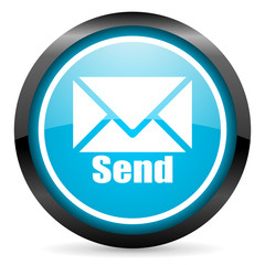 Poster - send blue glossy circle icon on white background