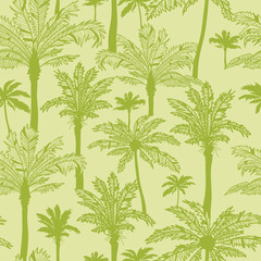 Wall Mural - Vector green palm trees seamless pattern background with hand