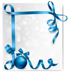 Poster - Holiday background with blue gift bow with gift ball. Vector ill